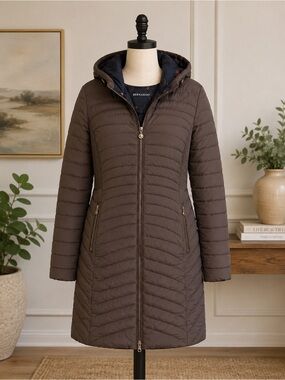 Bernardo Quilted Hooded Puffer Coat in Brown